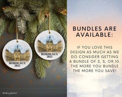 Custom Bordeaux France ceramic photo ornament with personalized message – handmade Christmas bauble, gift souvenir, or vacation keepsake. Bundles are available