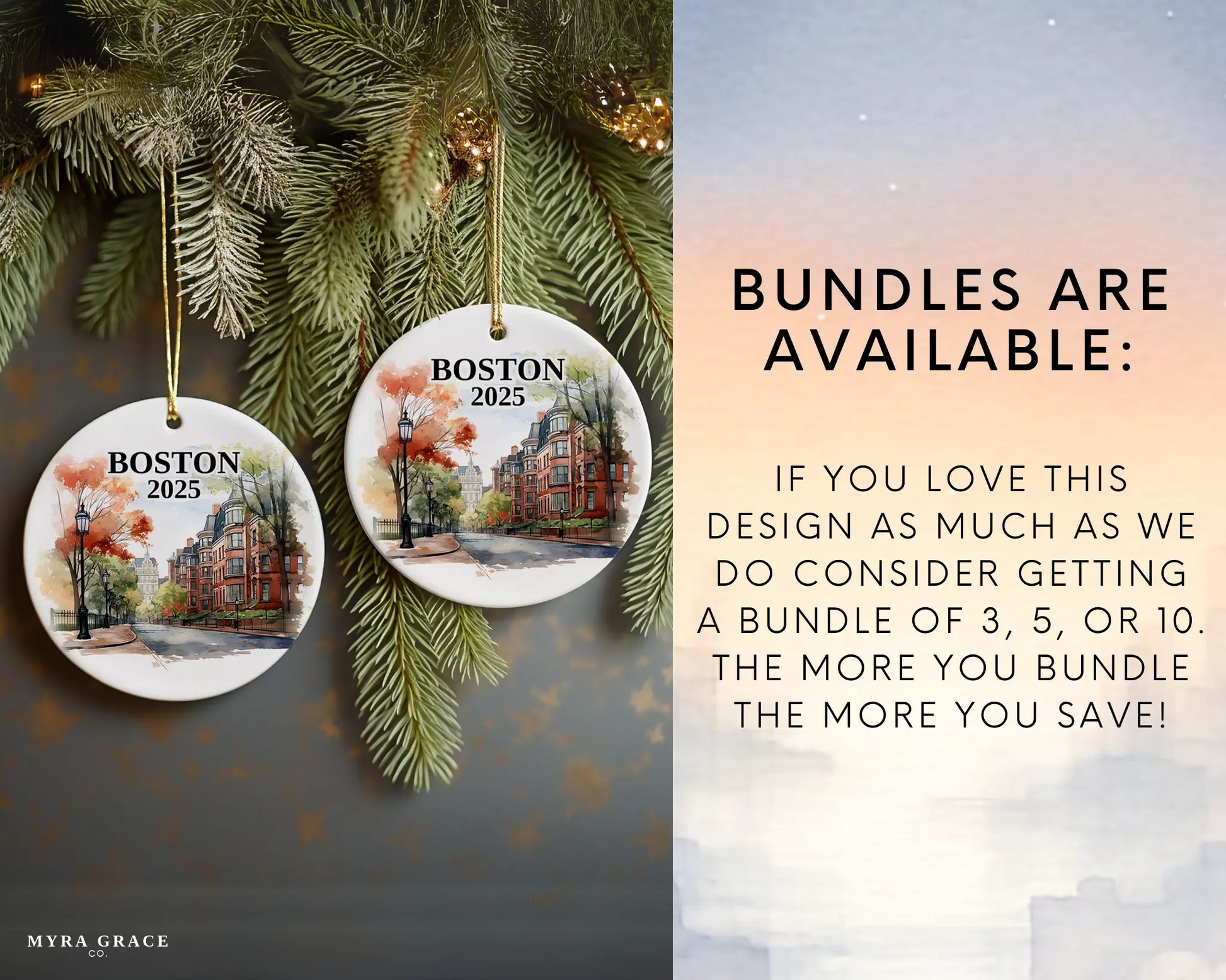 Boston Massachusetts Ornament Custom Gift Souvenir Bauble. Custom Boston Massachusetts ceramic photo ornament with personalized message – handmade Christmas bauble, gift souvenir, or vacation keepsake.  Bundles are available