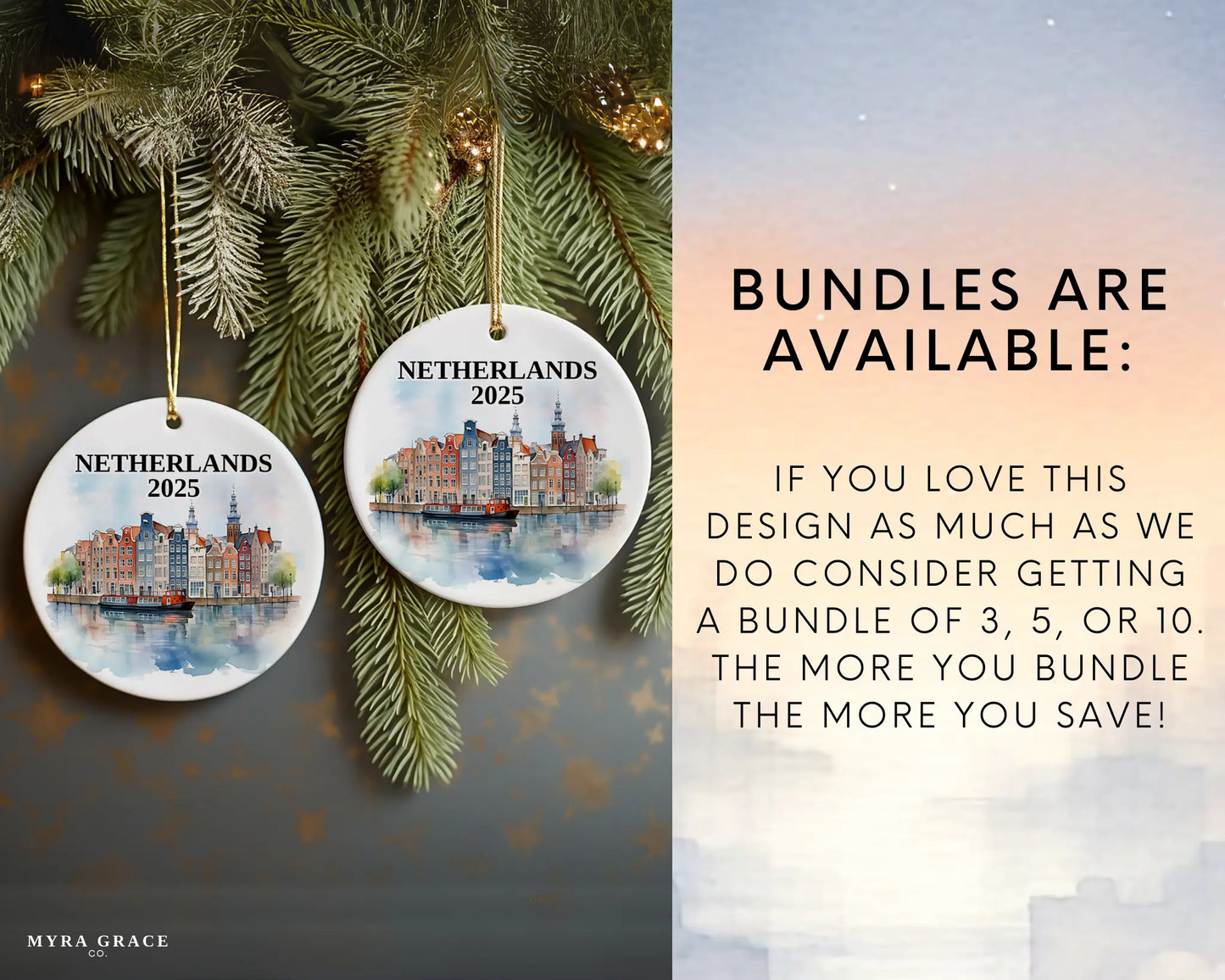Custom Netherlands ceramic photo ornament with personalized message – handmade Christmas bauble, gift souvenir, or vacation keepsake.  Bundles are available
