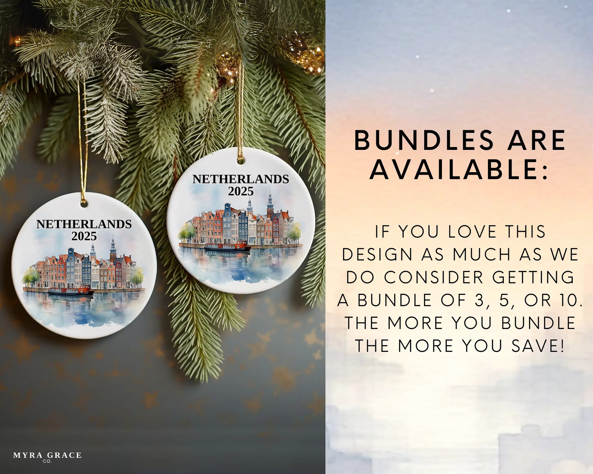 Custom Netherlands ceramic photo ornament with personalized message – handmade Christmas bauble, gift souvenir, or vacation keepsake.  Bundles are available