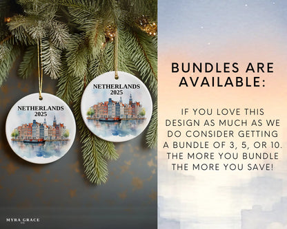 Custom Netherlands ceramic photo ornament with personalized message – handmade Christmas bauble, gift souvenir, or vacation keepsake.  Bundles are available