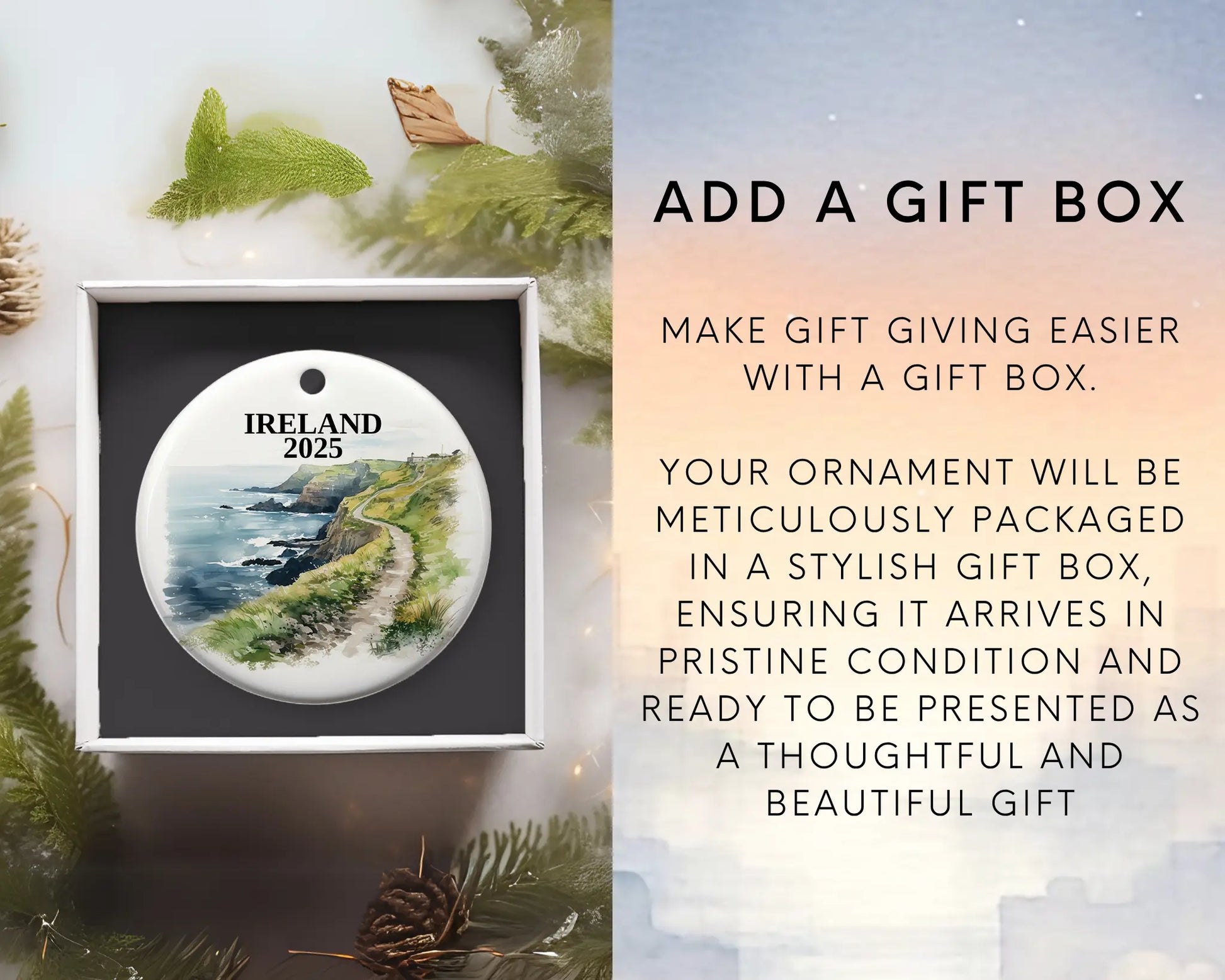 Custom Ireland Cliffs of Moher ceramic photo ornament with personalized message – handmade Christmas bauble, gift souvenir, or vacation keepsake.  Add gift box