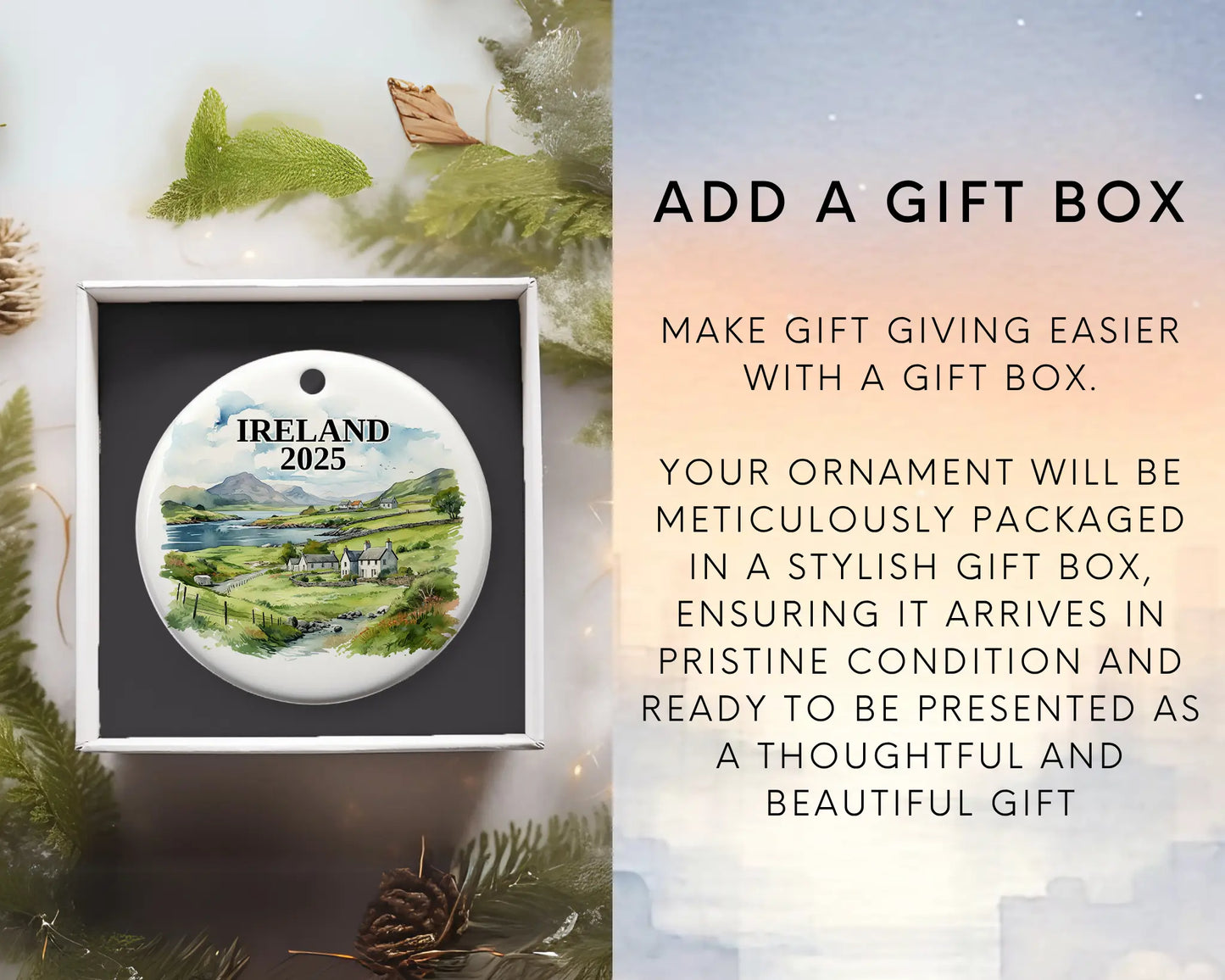 Custom Ireland ceramic photo ornament with personalized message – handmade Christmas bauble, gift souvenir, or vacation keepsake.  add gift box