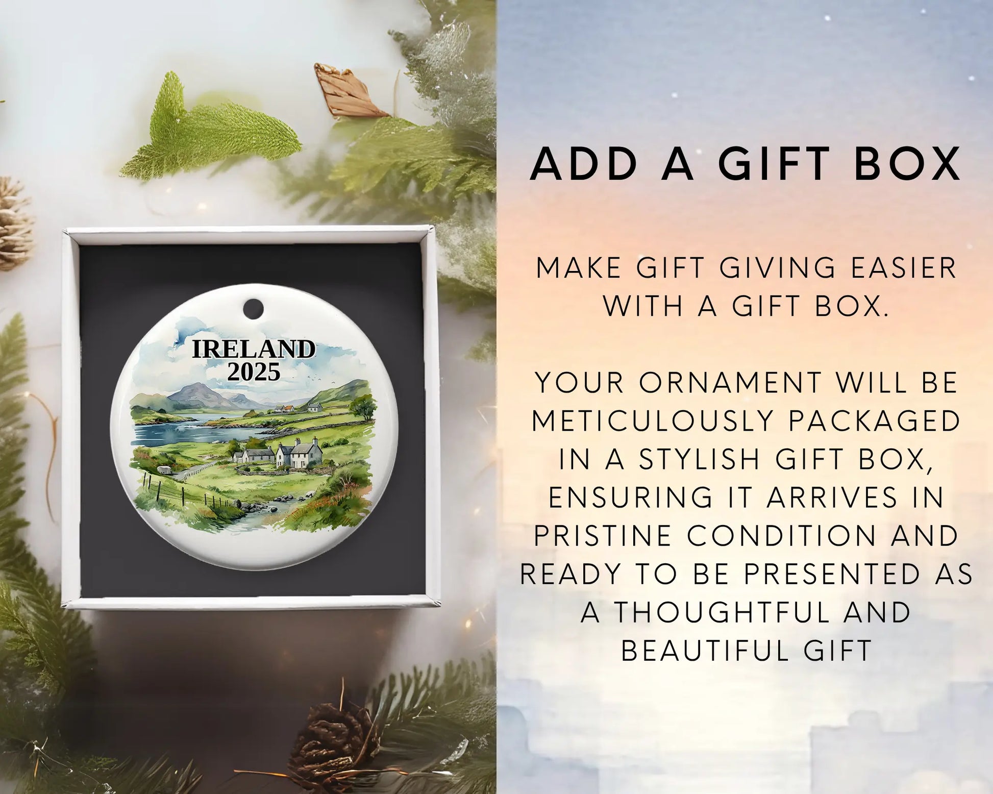 Custom Ireland ceramic photo ornament with personalized message – handmade Christmas bauble, gift souvenir, or vacation keepsake.  add gift box