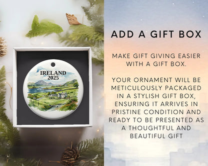 Custom Ireland ceramic photo ornament with personalized message – handmade Christmas bauble, gift souvenir, or vacation keepsake.  add gift box