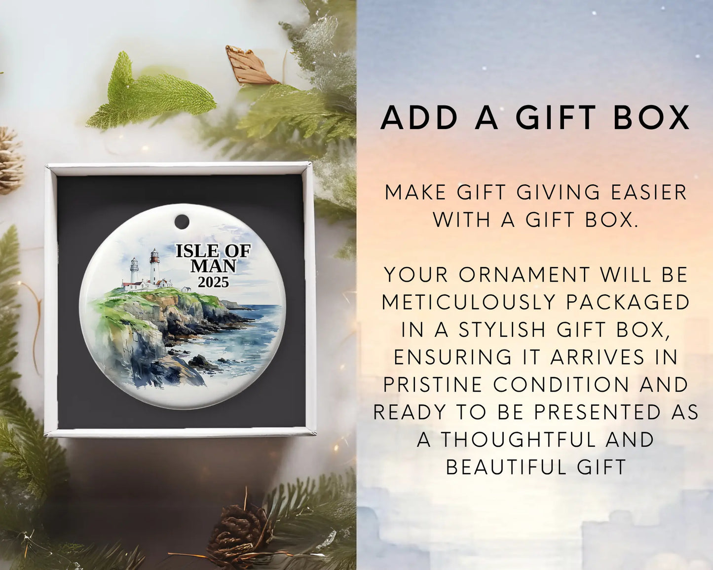 Custom Isle of Man ceramic photo ornament with personalized message – handmade Christmas bauble, gift souvenir, or vacation keepsake.  add gift box