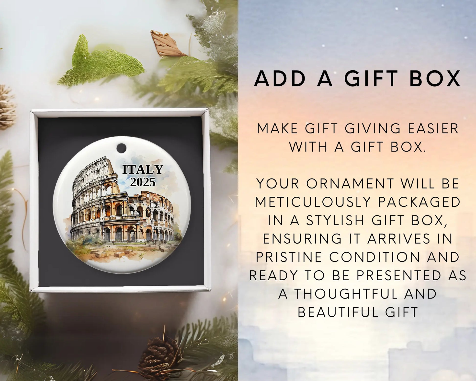 Custom Italy Rome Colosseum ceramic photo ornament with personalized message – handmade Christmas bauble, gift souvenir, or vacation keepsake.  add gift box