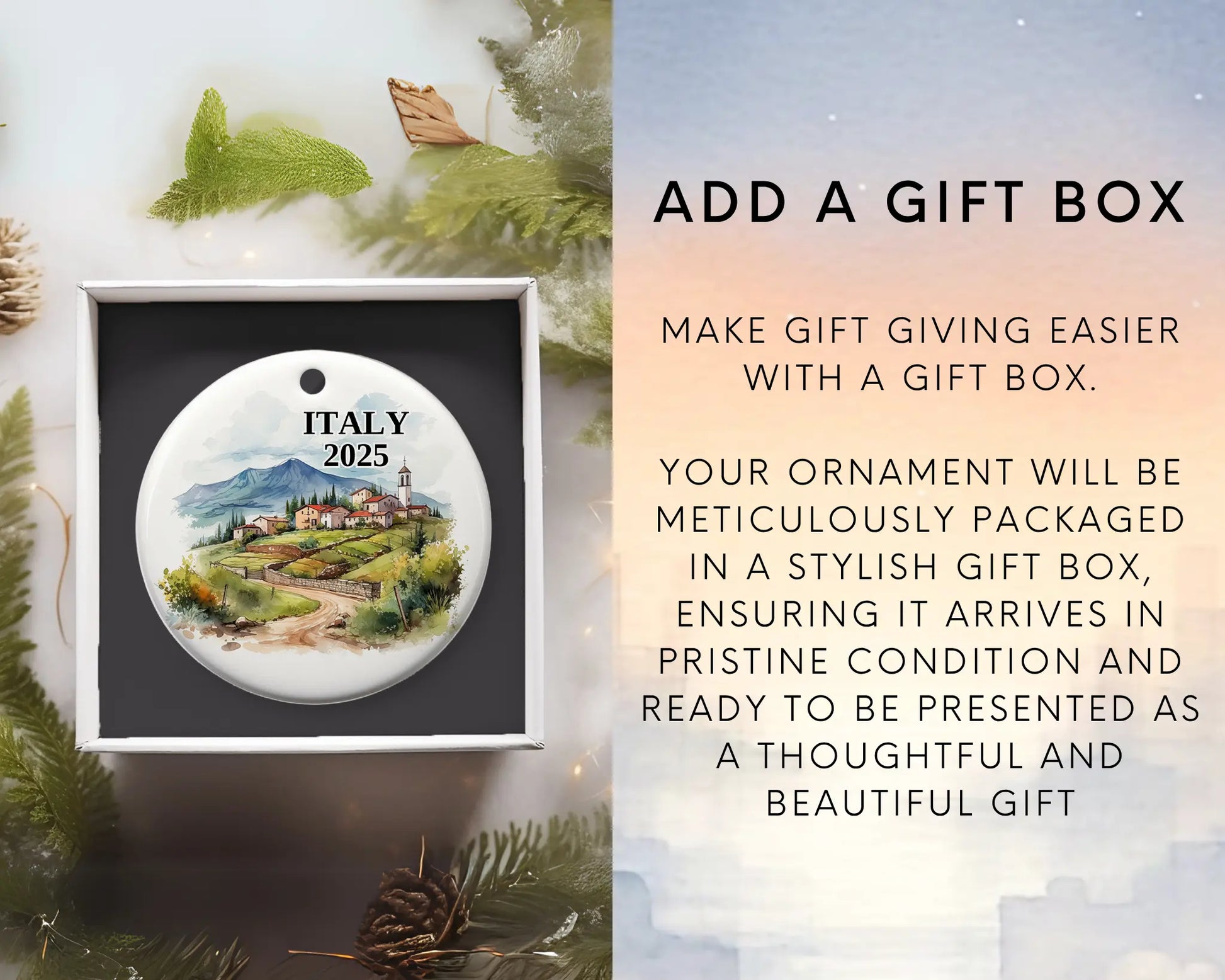 Custom Italy ceramic photo ornament with personalized message – handmade Christmas bauble, gift souvenir, or vacation keepsake.  Add gift box