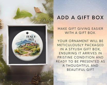 Custom Italy ceramic photo ornament with personalized message – handmade Christmas bauble, gift souvenir, or vacation keepsake.  Add gift box