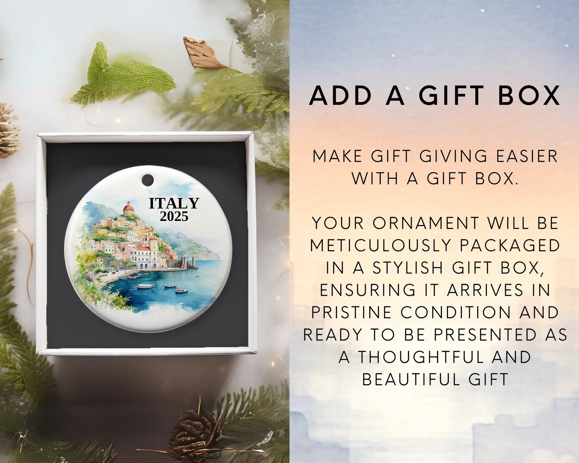 Custom Amalfi Coast Italy ceramic photo ornament with personalized message – handmade Christmas bauble, gift souvenir, or vacation keepsake.  Add gift box