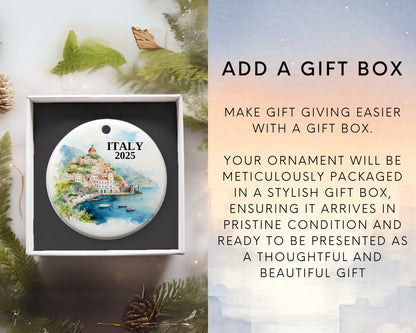 Custom Amalfi Coast Italy ceramic photo ornament with personalized message – handmade Christmas bauble, gift souvenir, or vacation keepsake.  Add gift box