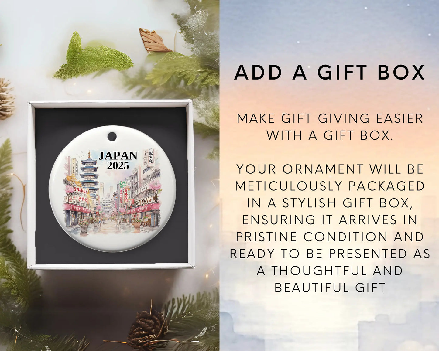 Custom Japan ceramic photo ornament with personalized message – handmade Christmas bauble, gift souvenir, or vacation keepsake.  Add gift box