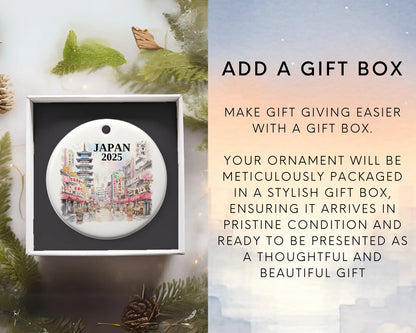 Custom Japan ceramic photo ornament with personalized message – handmade Christmas bauble, gift souvenir, or vacation keepsake.  Add gift box