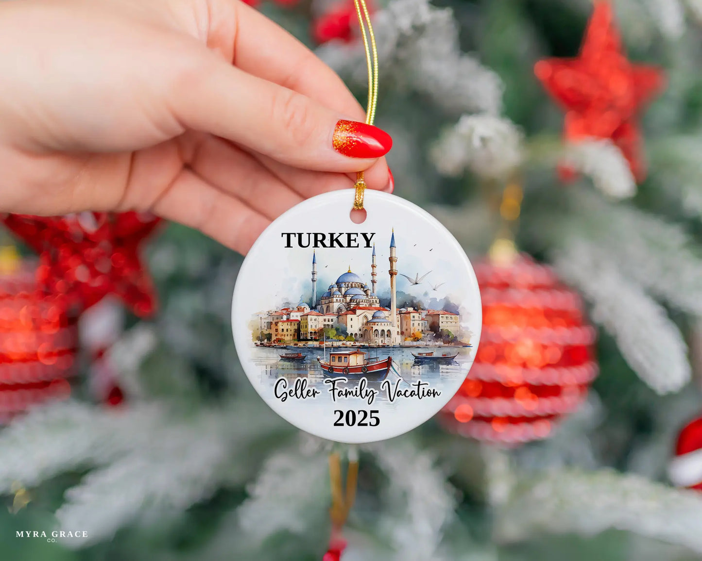 Custom vacation Turkey ceramic photo ornament with personalized message – handmade Christmas bauble, gift souvenir, or vacation keepsake. 