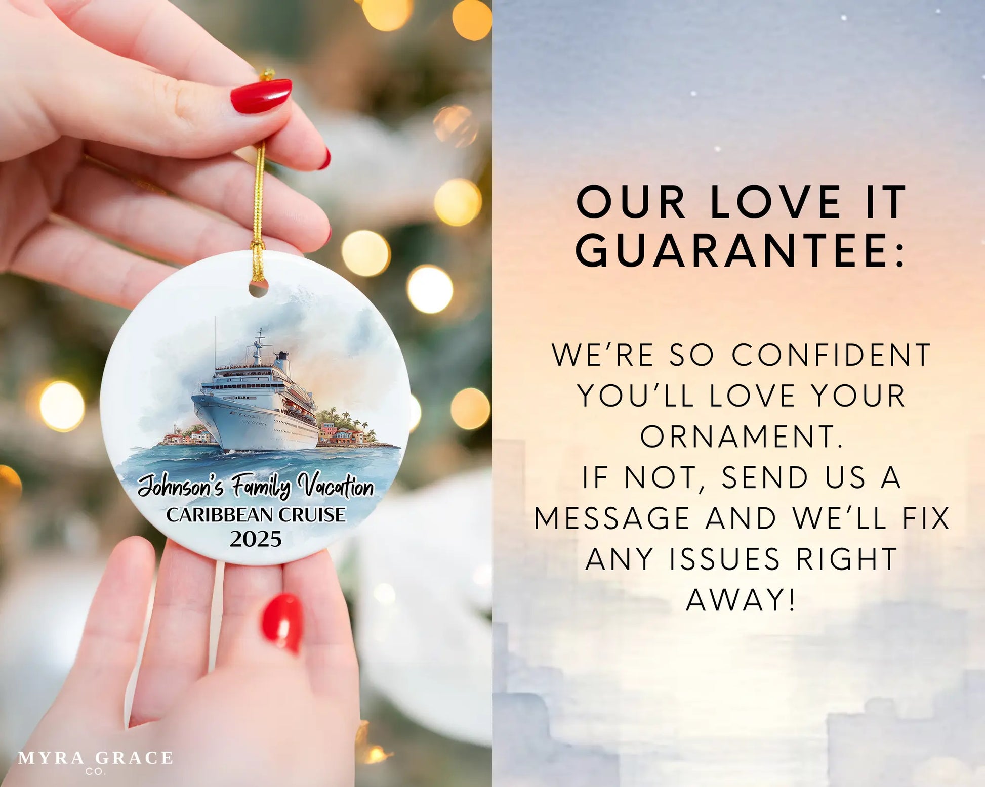 Handmade ceramic Caribbean cruise ornament with personalized location and photo – custom Christmas bauble or cruise vacation souvenir. Love it guarantee
