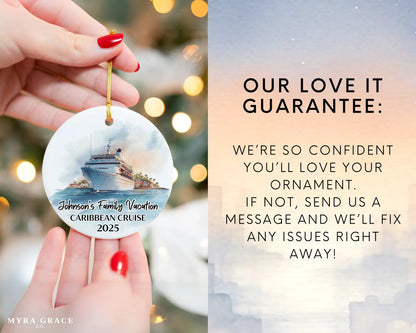 Handmade ceramic Caribbean cruise ornament with personalized location and photo – custom Christmas bauble or cruise vacation souvenir. Love it guarantee