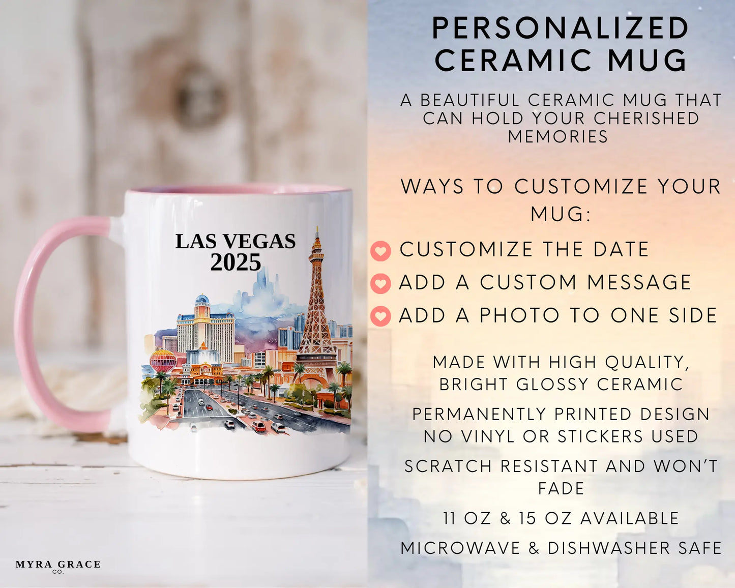 Custom ceramic Las Vegas vacation mug with watercolor location design, date, and personal photo – personalized travel gift or photo mug. Infographic