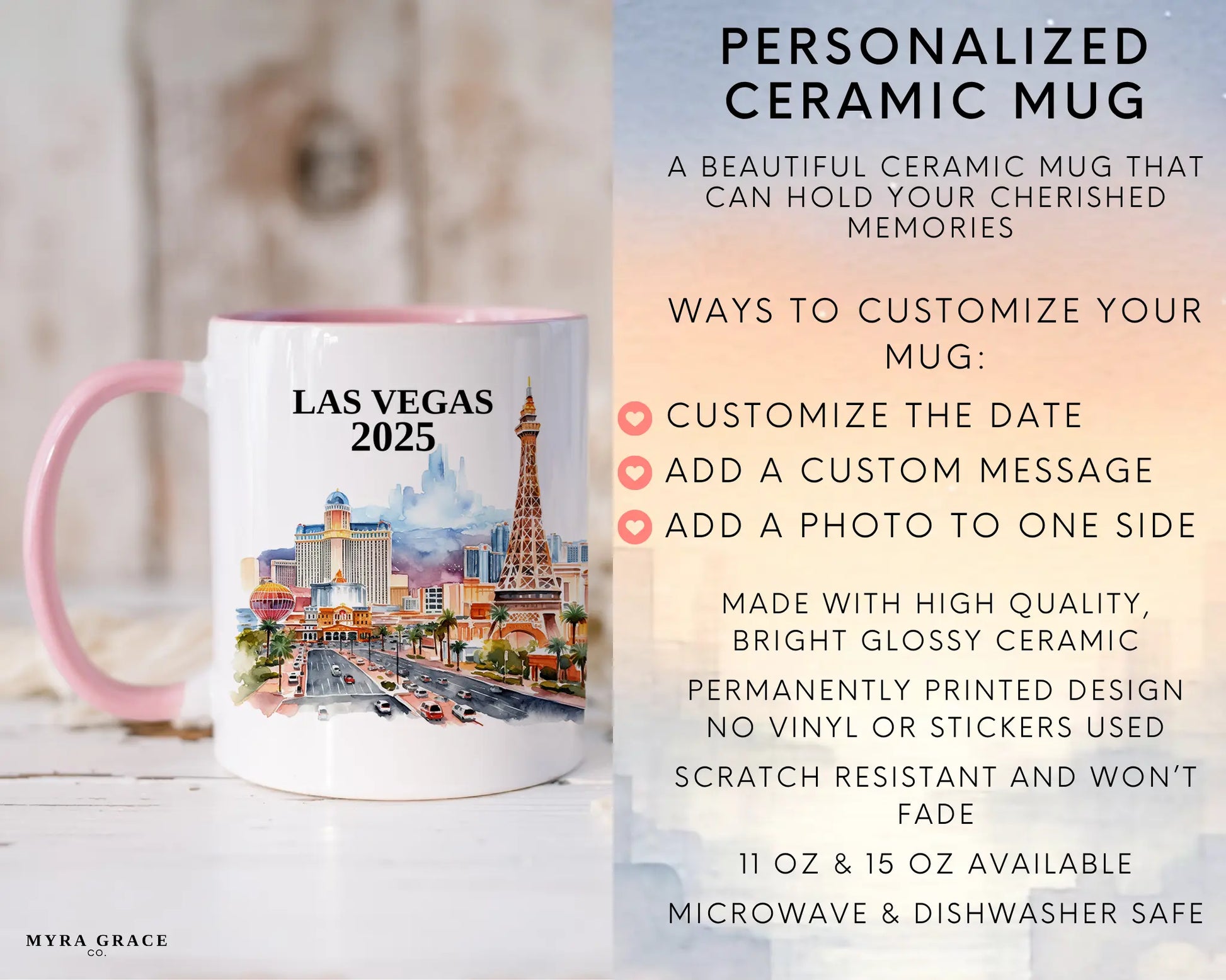 Custom ceramic Las Vegas vacation mug with watercolor location design, date, and personal photo – personalized travel gift or photo mug. Infographic