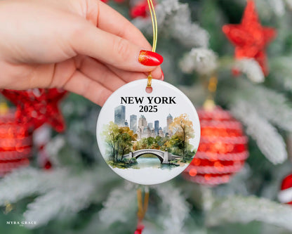 Custom New York Central Park ceramic photo ornament with personalized message – handmade Christmas bauble, gift souvenir, or vacation keepsake.  