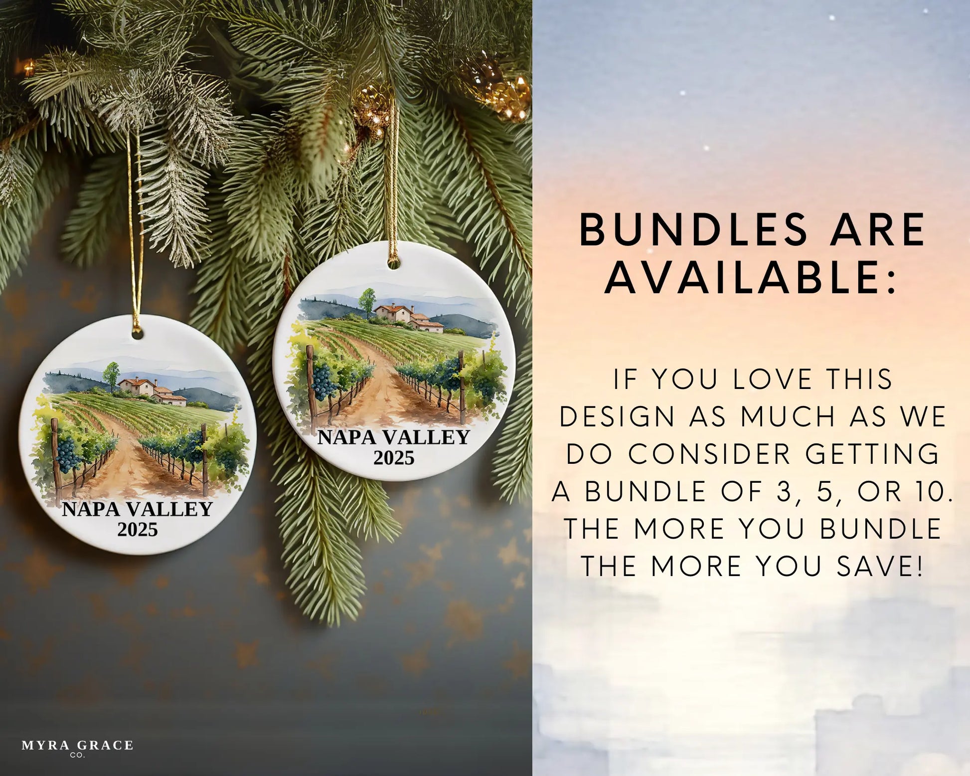 Custom Napa Valley California ceramic photo ornament with personalized message – handmade Christmas bauble, gift souvenir, or vacation keepsake.  Bundles are available