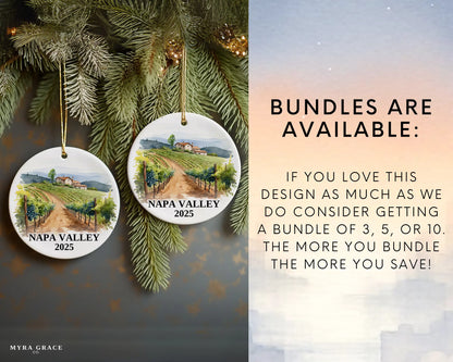 Custom Napa Valley California ceramic photo ornament with personalized message – handmade Christmas bauble, gift souvenir, or vacation keepsake.  Bundles are available