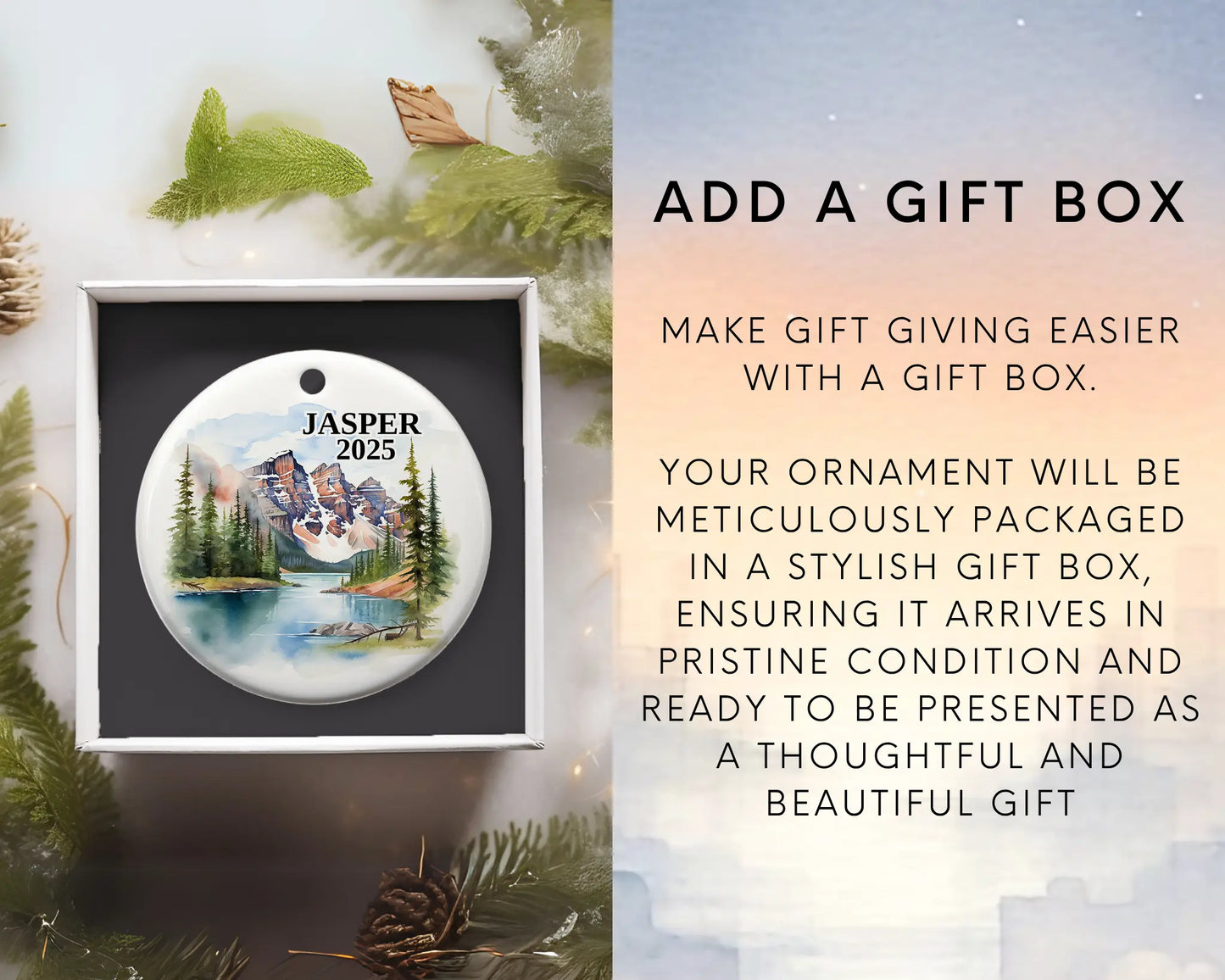 Custom Jasper Alberta Canada ceramic photo ornament with personalized message – handmade Christmas bauble, gift souvenir, or vacation keepsake.  Add gift box