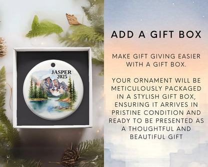 Custom Jasper Alberta Canada ceramic photo ornament with personalized message – handmade Christmas bauble, gift souvenir, or vacation keepsake.  Add gift box