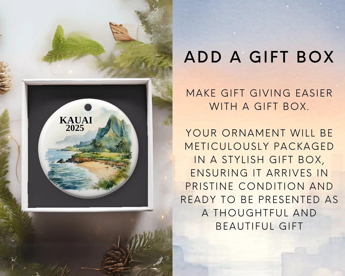 Custom Kauai Hawaii ceramic photo ornament with personalized message – handmade Christmas bauble, gift souvenir, or vacation keepsake.  Gift Box