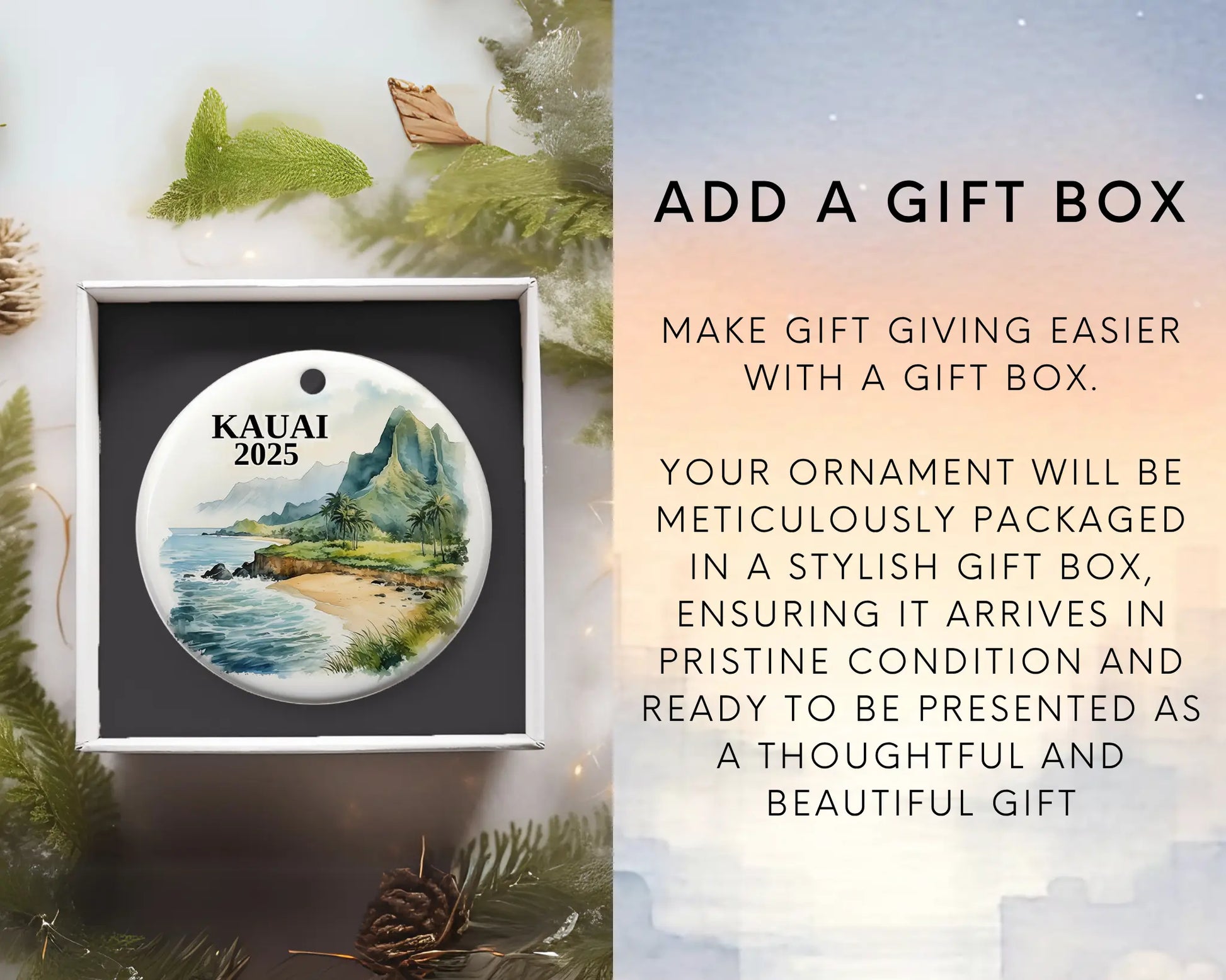 Custom Kauai Hawaii ceramic photo ornament with personalized message – handmade Christmas bauble, gift souvenir, or vacation keepsake.  Gift Box