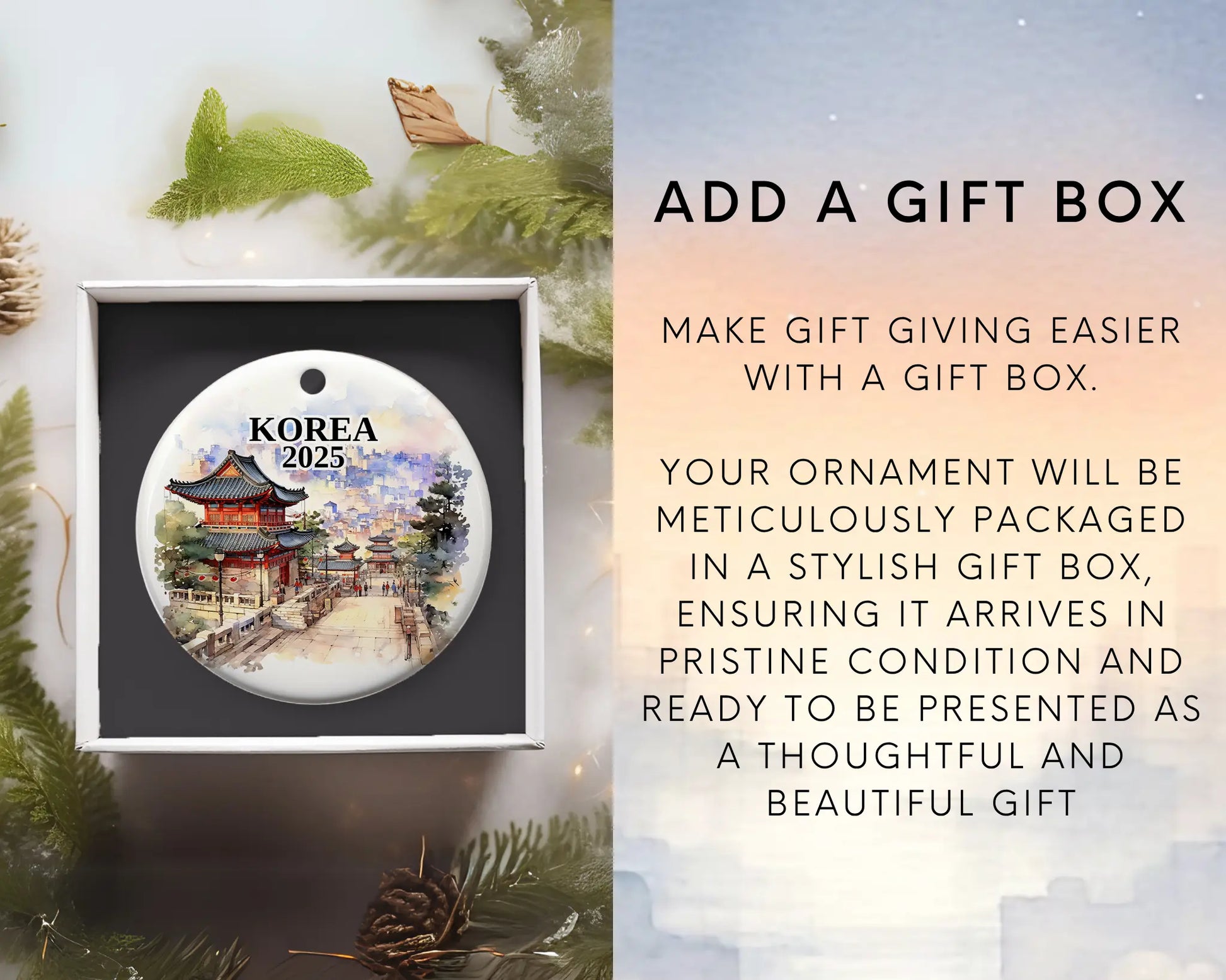 Custom Korea ceramic photo ornament with personalized message – handmade Christmas bauble, gift souvenir, or vacation keepsake.  Add gift box