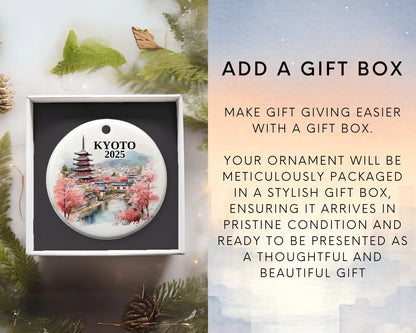 Custom Kyoto Japan ceramic photo ornament with personalized message – handmade Christmas bauble, gift souvenir, or vacation keepsake.  Add gift box