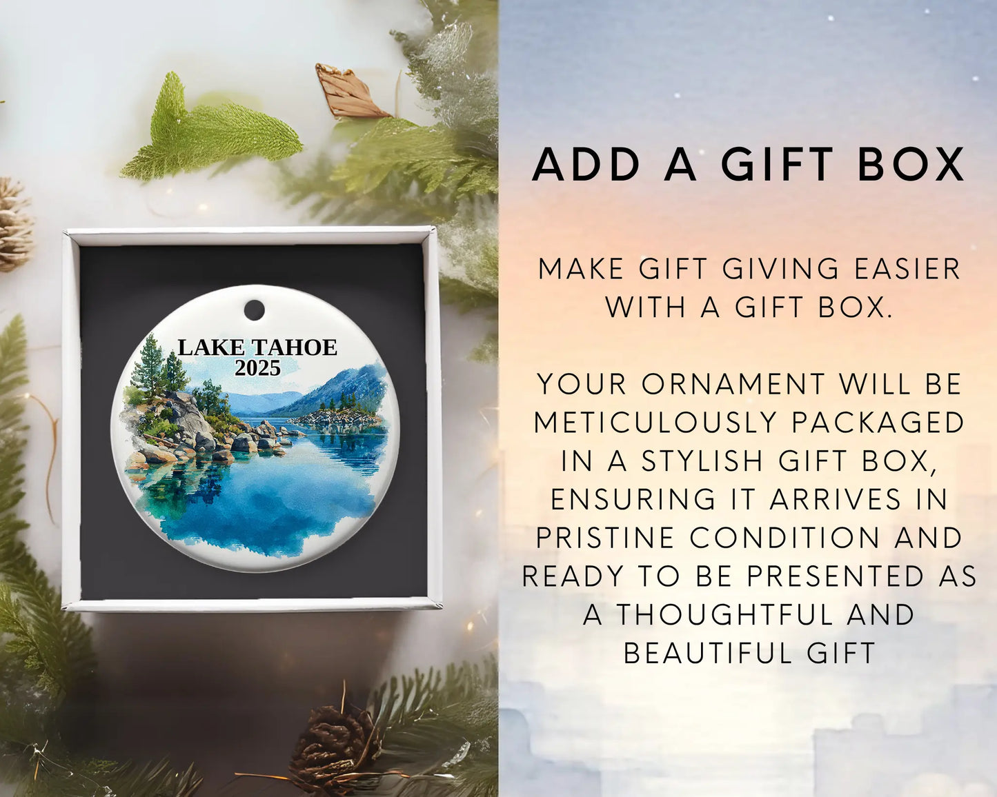 Custom Lake Tahoe California Nevada ceramic photo ornament with personalized message – handmade Christmas bauble, gift souvenir, or vacation keepsake.  add gift box