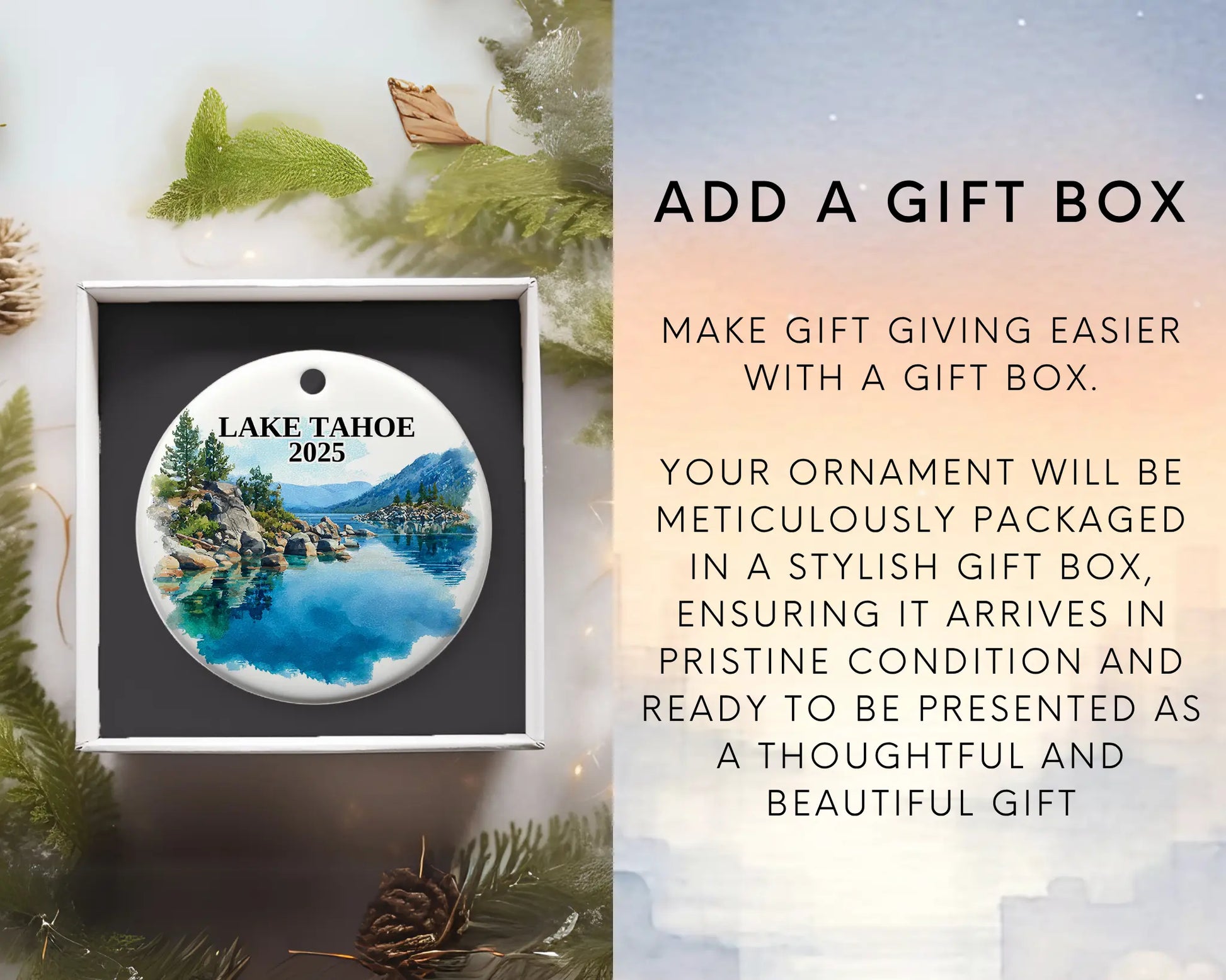 Custom Lake Tahoe California Nevada ceramic photo ornament with personalized message – handmade Christmas bauble, gift souvenir, or vacation keepsake.  add gift box