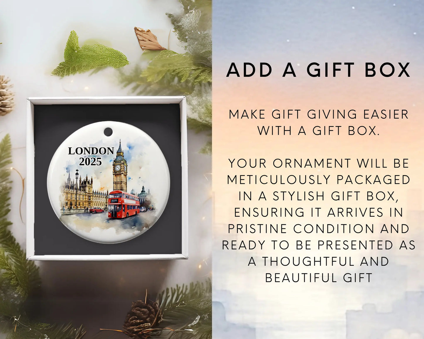 Custom London UK ceramic photo ornament with personalized message – handmade Christmas bauble, gift souvenir, or vacation keepsake.  Add gift box