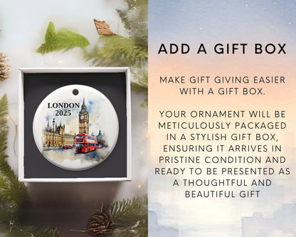 Custom London UK ceramic photo ornament with personalized message – handmade Christmas bauble, gift souvenir, or vacation keepsake.  Add gift box