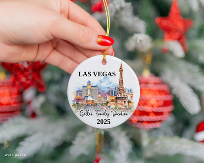 Custom vacation Vegas ceramic photo ornament with personalized message – handmade Christmas bauble, gift souvenir, or vacation keepsake. 