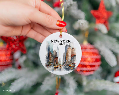 Custom New York City ceramic photo ornament with personalized message – handmade Christmas bauble, gift souvenir, or vacation keepsake.  