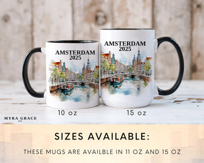 Custom ceramic Amsterdam vacation mug with watercolor location design, date, and personal photo – personalized travel gift or photo mug. Sizes available
