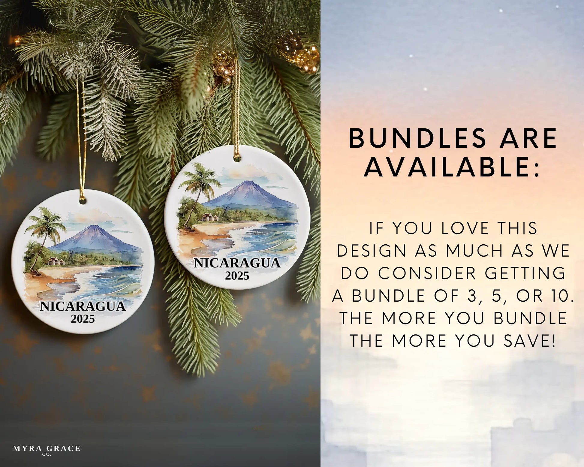 Custom Nicaragua ceramic photo ornament with personalized message – handmade Christmas bauble, gift souvenir, or vacation keepsake. Bundles are available