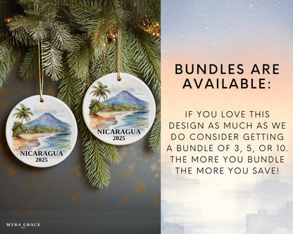 Custom Nicaragua ceramic photo ornament with personalized message – handmade Christmas bauble, gift souvenir, or vacation keepsake. Bundles are available