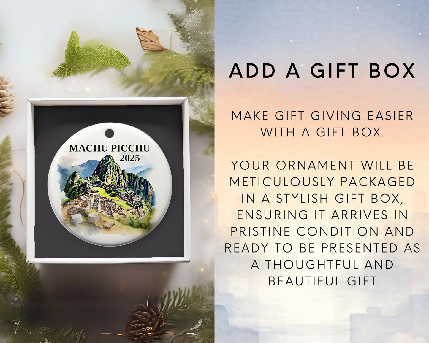 Custom Machu Picchu ceramic photo ornament with personalized message – handmade Christmas bauble, gift souvenir, or vacation keepsake.  add gift box