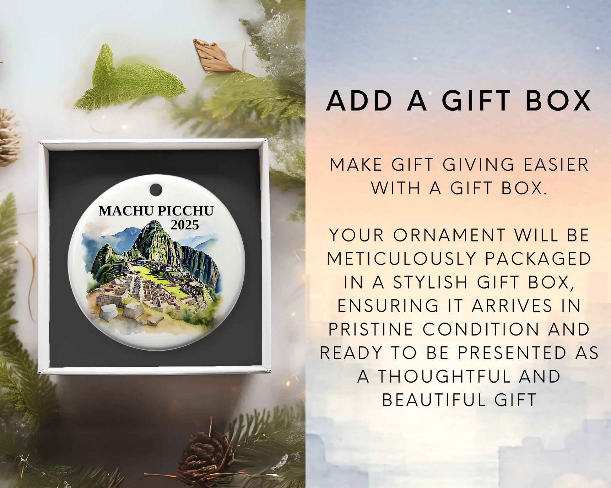 Custom Machu Picchu ceramic photo ornament with personalized message – handmade Christmas bauble, gift souvenir, or vacation keepsake.  add gift box