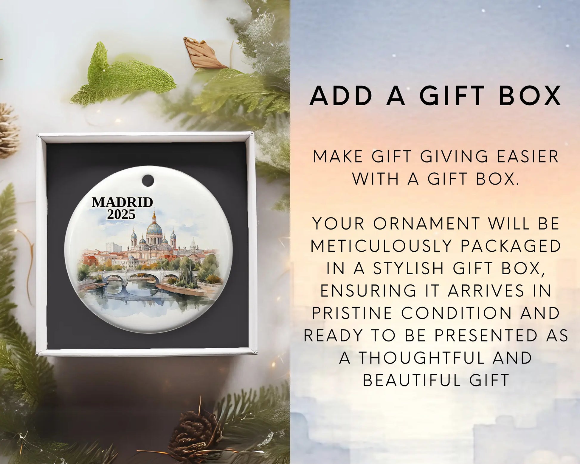 Custom Madrid Spain ceramic photo ornament with personalized message – handmade Christmas bauble, gift souvenir, or vacation keepsake.  Add gift box