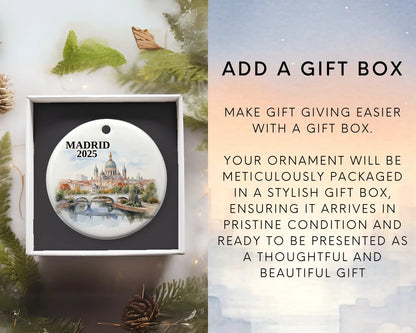 Custom Madrid Spain ceramic photo ornament with personalized message – handmade Christmas bauble, gift souvenir, or vacation keepsake.  Add gift box