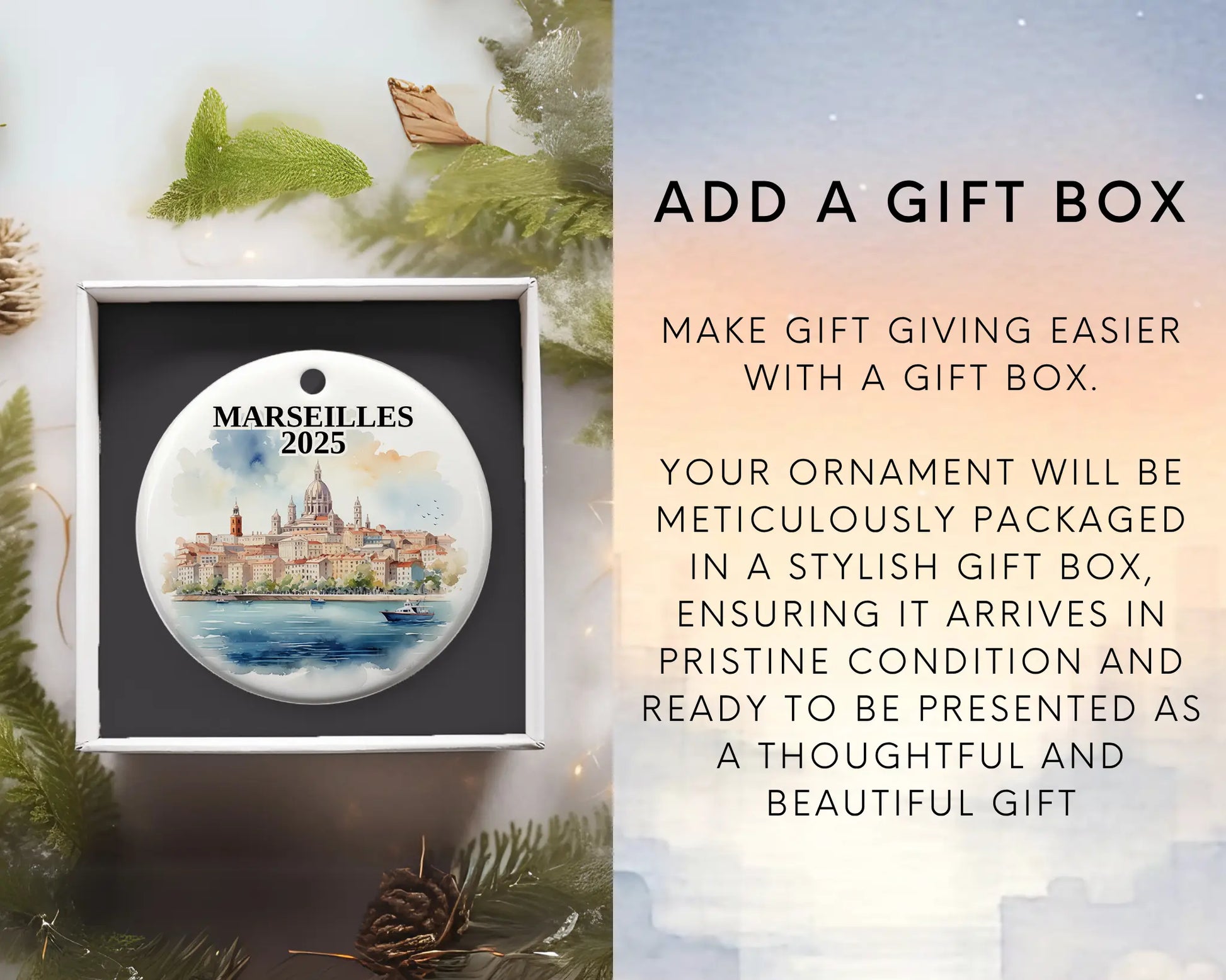 Custom Marseilles France ceramic photo ornament with personalized message – handmade Christmas bauble, gift souvenir, or vacation keepsake.  Add gift box