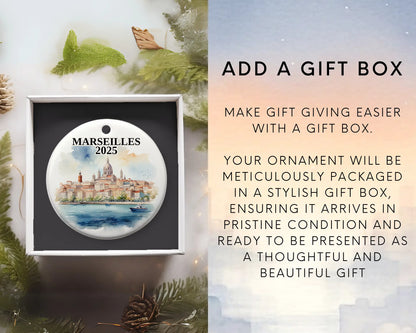 Custom Marseilles France ceramic photo ornament with personalized message – handmade Christmas bauble, gift souvenir, or vacation keepsake.  Add gift box