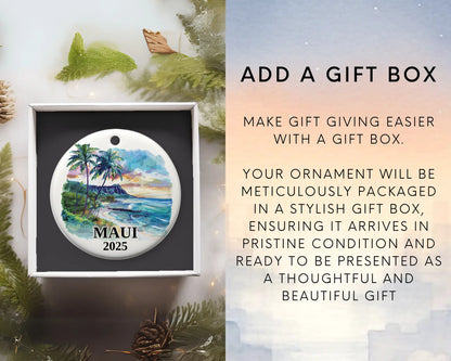 Custom Maui Hawaii ceramic photo ornament with personalized message – handmade Christmas bauble, gift souvenir, or vacation keepsake.  Add gift box