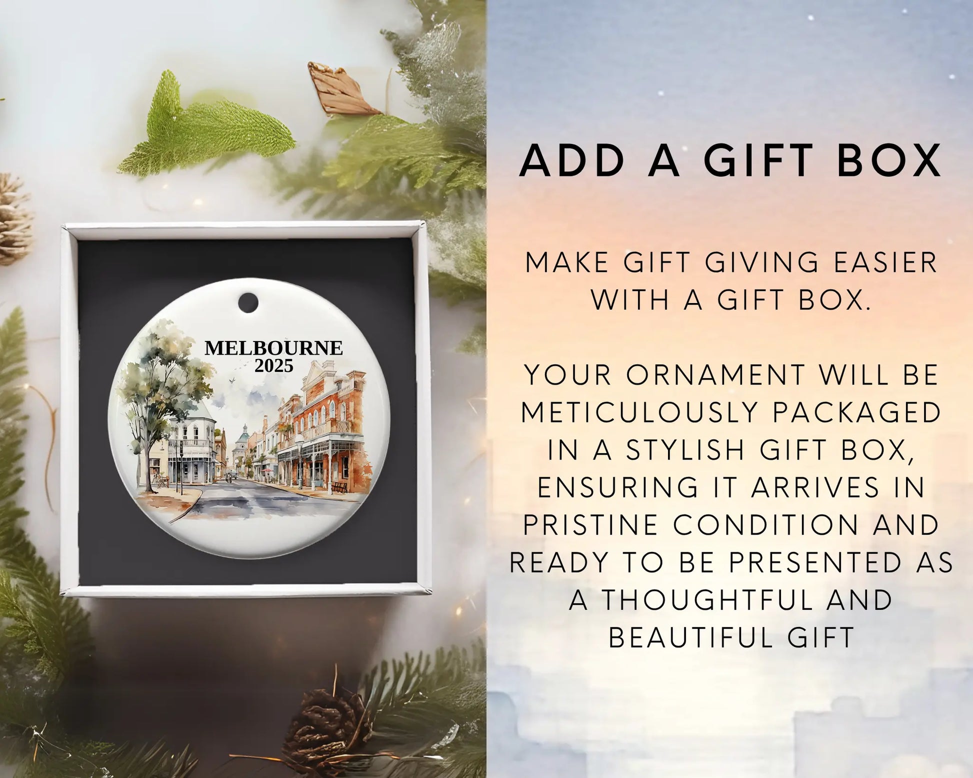 Custom Melbourne Australia ceramic photo ornament with personalized message – handmade Christmas bauble, gift souvenir, or vacation keepsake.  Add gift box