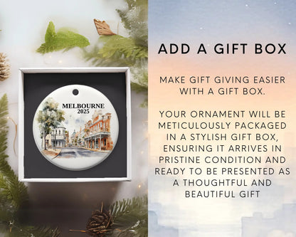 Custom Melbourne Australia ceramic photo ornament with personalized message – handmade Christmas bauble, gift souvenir, or vacation keepsake.  Add gift box