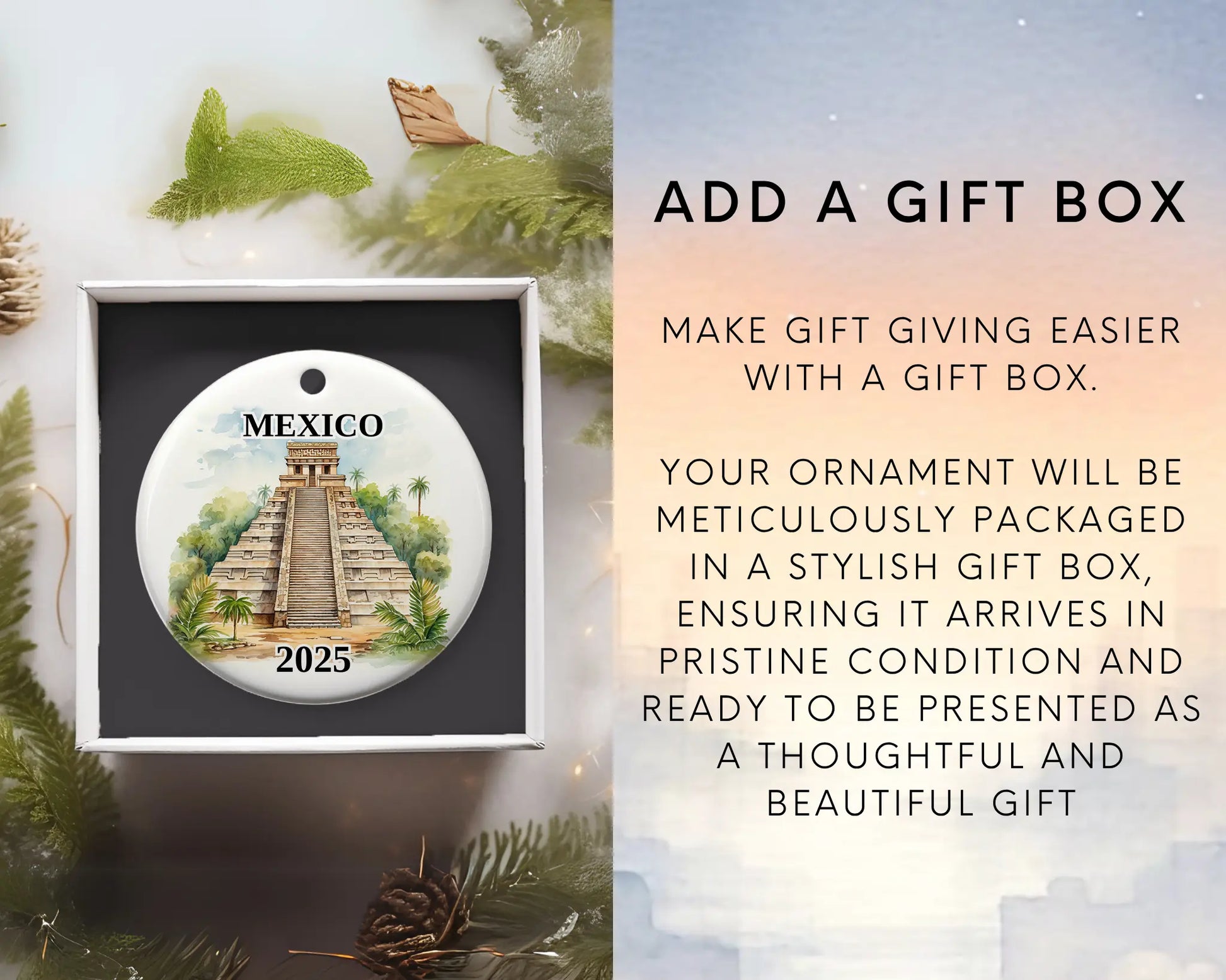 Custom Mexico Pyramids ceramic photo ornament with personalized message – handmade Christmas bauble, gift souvenir, or vacation keepsake.  Add gift box
